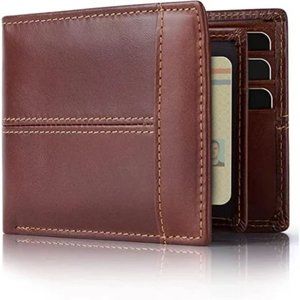 MENS Wallet RFID Genuine Leather Bifold Wallets For Men, Maroon (10 card slots)